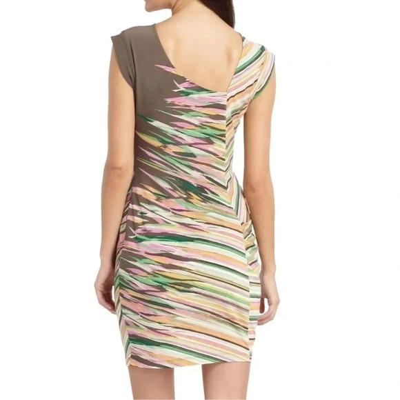 BCBGMAXAZRIA | Women's Size S Small  Dress Stripe Print Ruched Side Brown Multi - Picture 2 of 10